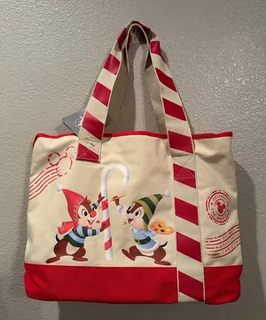NWT Disney Parks Chip n Dales Christmas Canvas Tote Holiday Elves thumbnail 1