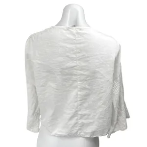 Zara White Floral Embroidered Eyelet Long Bell Sleeve Henley Shirt Blouse Top M thumbnail 2
