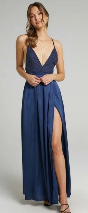 Showpo Navy Inspired Tribe Plunge Neckline Maxi Lace Open Leg‎ Dress Size US 6 thumbnail 1