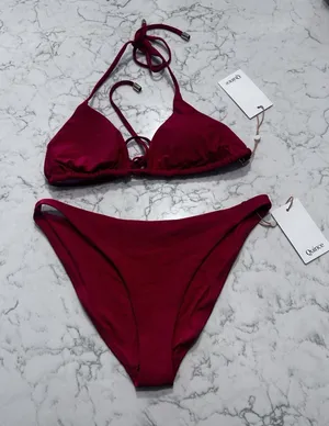 NWT Quince Cherry Red Italian Triangle Bikini Top & Low Rise Bottom Set Small thumbnail 1