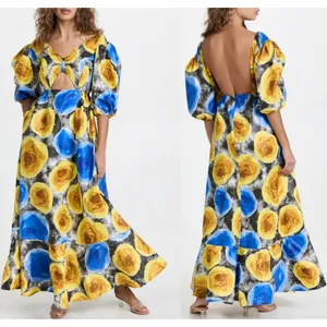 Mangishi Doll Sz 10 Zahara‎ Maxi Dress in Yellow Swirl Whimsical Open Back thumbnail 2