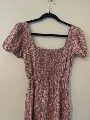 Pink Ditsy Floral Print Smocked Puff Sleeve Cottagecore Midi Dress Small thumbnail 7