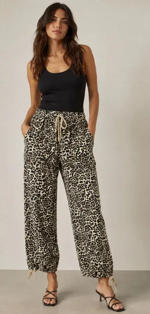 NWT Aaron & Amber Leopard Print Drawstring Utility Pants Women’s L Size L thumbnail 1