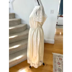 Vintage 70s Cream White Lace Scallop Trim Short Sleeve Midi Dress Regency Fairy thumbnail 3