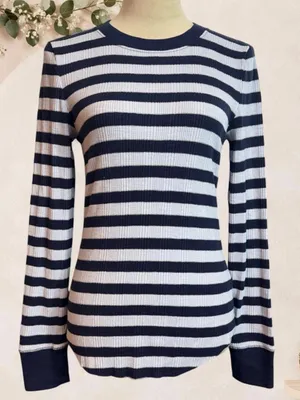 NWT Aerie Navy Striped Ribbed Long-Sleeve Top Size Medium thumbnail 3