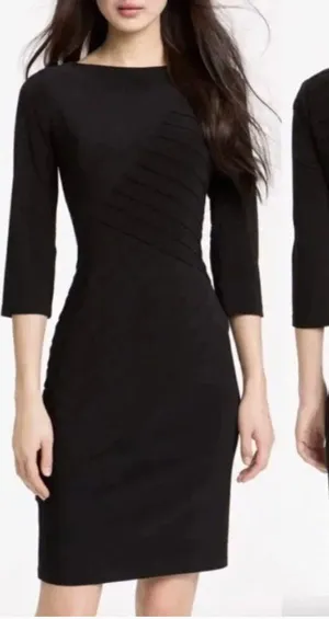 ADRIANNA PAPELL Black Shutter Pleat Pleated 3/4 Sleeve Jersey Knit Sheath Dress thumbnail 1