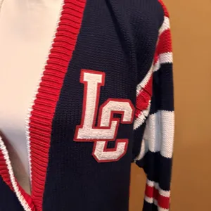 Vintage 90s‎ Lizsport Varsity Cardigan Sweater LC Red Navy Striped NWT Medium thumbnail 6