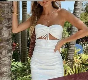 Tiger Mist Calayan White Ruched Strapless Bandeau Ruffle Hem Mini Dress Sz S thumbnail 1