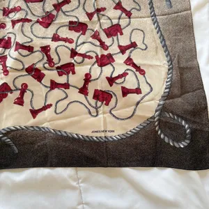 Vintage Jones New York 100% Silk Scarf Chess Piece Square Tan Red Kentucky Derby thumbnail 2