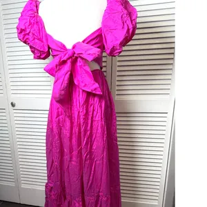 Abercrombie & Fitch Emerson Drama Puff Sleeve Bow Back Pink Maxi Dress Sz MP thumbnail 9