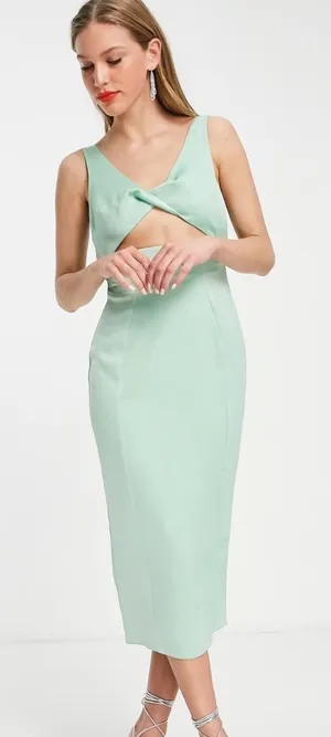 ASOS DESIGN | NEW Twist Front Keyhole Sage Green Cutout Back Midi‎ Dress, Size 4 thumbnail 1