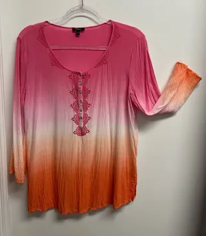 Cupio Pink to Orange Ombre Embroidered -Trim Henley Tunic thumbnail 1