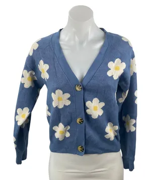Willow & Wind Blue Floral Daisy Long Sleeve Button Up Cardigan Sweater Top Sz S thumbnail 1