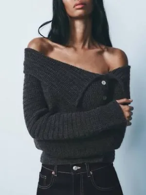 Zara Asymmetric Cropped Knit Sweater Off Shoulder Medium Grey Blue thumbnail 2