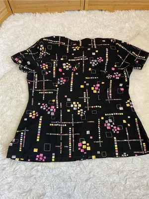 Fresh Scrubs black pattern scrub top woman’s medium thumbnail 2