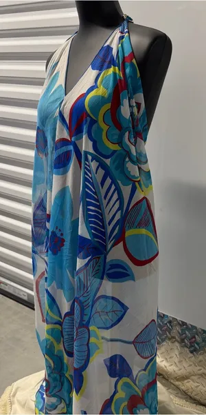 Zury Blue Floral Halter Maxi Cover Up Dress Rayon Beach Swim Cover Up One Size thumbnail 1