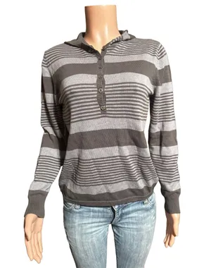 Long sleeve gray stripe half button Henley hoodie sweatshirt top M thumbnail 1