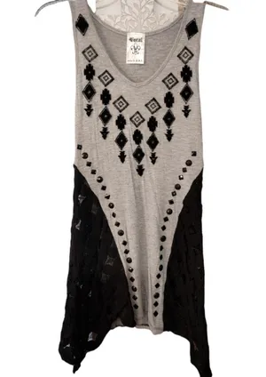 VOCAL Grey and Black Aztec Embroidered Tank with Lace and Jewel Detail thumbnail 1