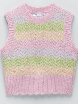 Zara Pastel Striped Cable Knit Cropped Sweater Vest Striped Wool. Size S thumbnail 1