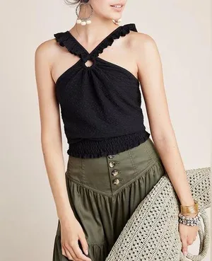 By Anthropologie Marisol Ruffled Halter Blouse black size XL thumbnail 1