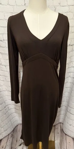 Ann Taylor LOFT Brown Pullover V Neck Dress Long Sleeve Rayon Blend Size 4 thumbnail 1
