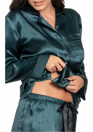 Dark Green Satin Long Pajama Set Size L thumbnail 2