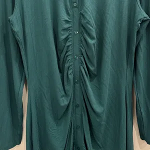 Abercrombie & Fitch Emerald Green Ribbed Ruched Long Sleeve Mini Shirt Dress XL thumbnail 4