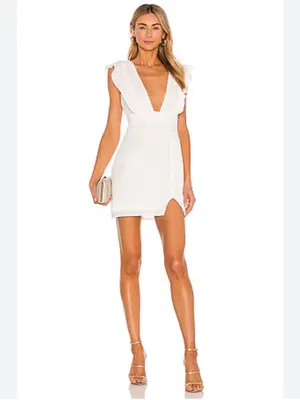 Superdown Harlow Mini Dress White Plunge with Ruffle Shoulders Small thumbnail 2