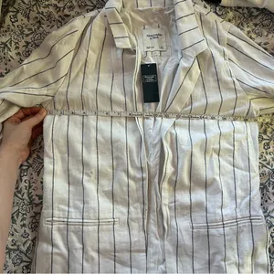 New Abercrombie & Fitch Linen blend Striped Blazer small white black pinstripe thumbnail 11