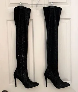 Jacobies Black Shimmer Thigh High Stiletto Boots thumbnail 1