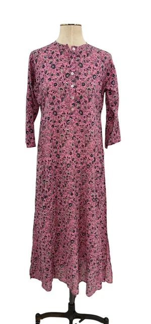 Roller Rabbit Pink Floral Cotton Maxi Dress Button‎ Front 3/4 Sleeve Size XS thumbnail 1