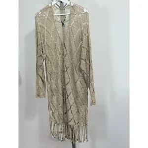 Womens Crochet Knit Cardigan Long Duster Metallic Beige Fringe Boho Cover Up L thumbnail 7