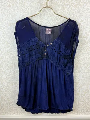 Free People Vintage Navy Embellished Cap Sleeve Top - Size - Large thumbnail 2
