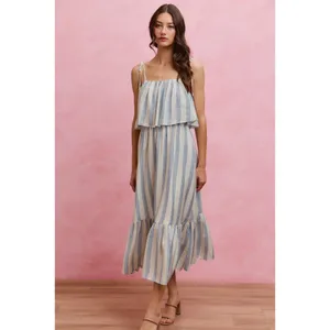 SO ME Stripe Tiered Shoulder Tie Midi Lined Dress - Medium thumbnail 14