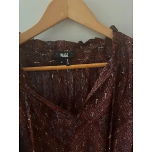 PAIGE Anthropologie Women’s M Burgundy Metallic Print Sheer Ruffle Blouse thumbnail 2