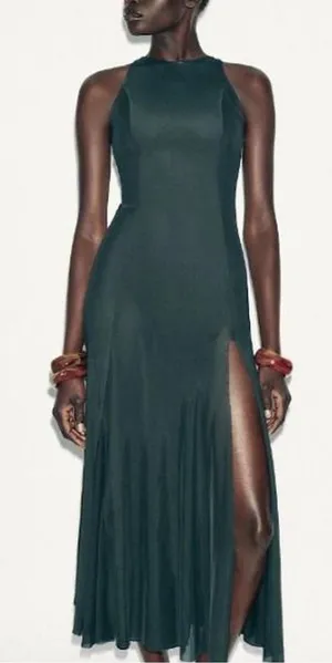 Sleeveless Dark Green mess Midi Dress with‎ Side Slit thumbnail 1
