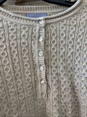 Laura Scott Beige Cable-Knit Henley Sweater Medium Petite thumbnail 2