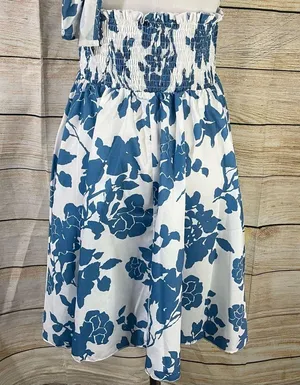 SheIn floral halter shirred waist A-line blue dress womens Size Large thumbnail 6