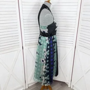 Zara Beaded Silk Pleated Multi Pattern Fit‎ Flare Halter Dress Black Teal Medium thumbnail 3