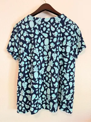 J.Jill V neck tropical fruit print monochromatic Tshirt, aqua and navy blue, M thumbnail 3