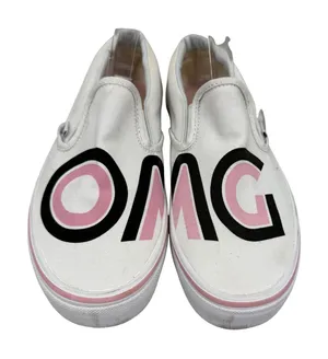 Vans Classic Slip-On OMG White Pink Black Canvas Sneakers Womens 7.5‎ Mens 6 thumbnail 1