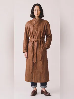 Vintage American Style Brown Leather Belted Trench Coat Mountain life old money thumbnail 2