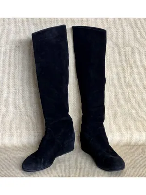 Stuart Weitzman Black Suede Leather Hidden Wedge Tall Tassel Boots Size 9 EUC thumbnail 3