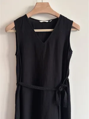 UNIQLO Linen Blend A-Line Midi Dress Black Sleeveless Tie Waist Size S thumbnail 3