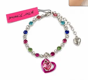 Betsey Johnson Bracelet Multicolor Crystal Link Charm Pink Heart Dangle cute thumbnail 1