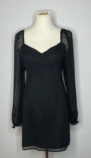 Leith- Black Dress with Glitter Dot Detail and Loose Long Sleeves thumbnail 1
