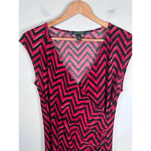 Lauren‎ Ralph Lauren Faux Wrap Dress Women M Pink Chevron Mod thumbnail 2