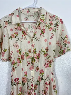 Floral Button-Front Midi Dress in Cream and Pink Size M thumbnail 4