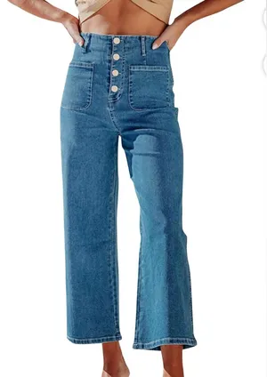 High-Waisted Wide Leg Button-Up Jeans, Blue, Size 4, EUC thumbnail 1