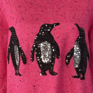 Karen Scott Large Penguin Sweater Sequin Crew Neck Long Sleeve Stretch Pink New thumbnail 2